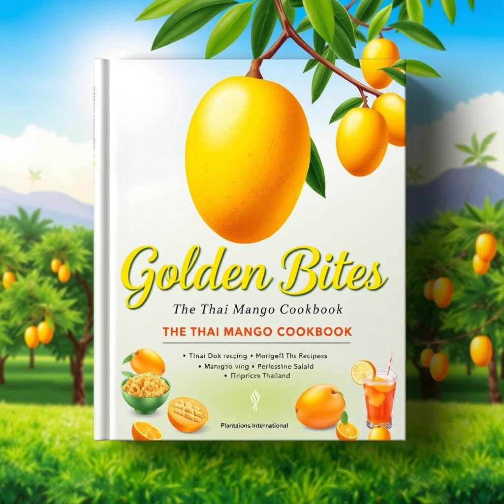 A beautifully designed cookbook cover for 'Golden Bites: The Thai Mango Cookbook' by 'Plantations International'