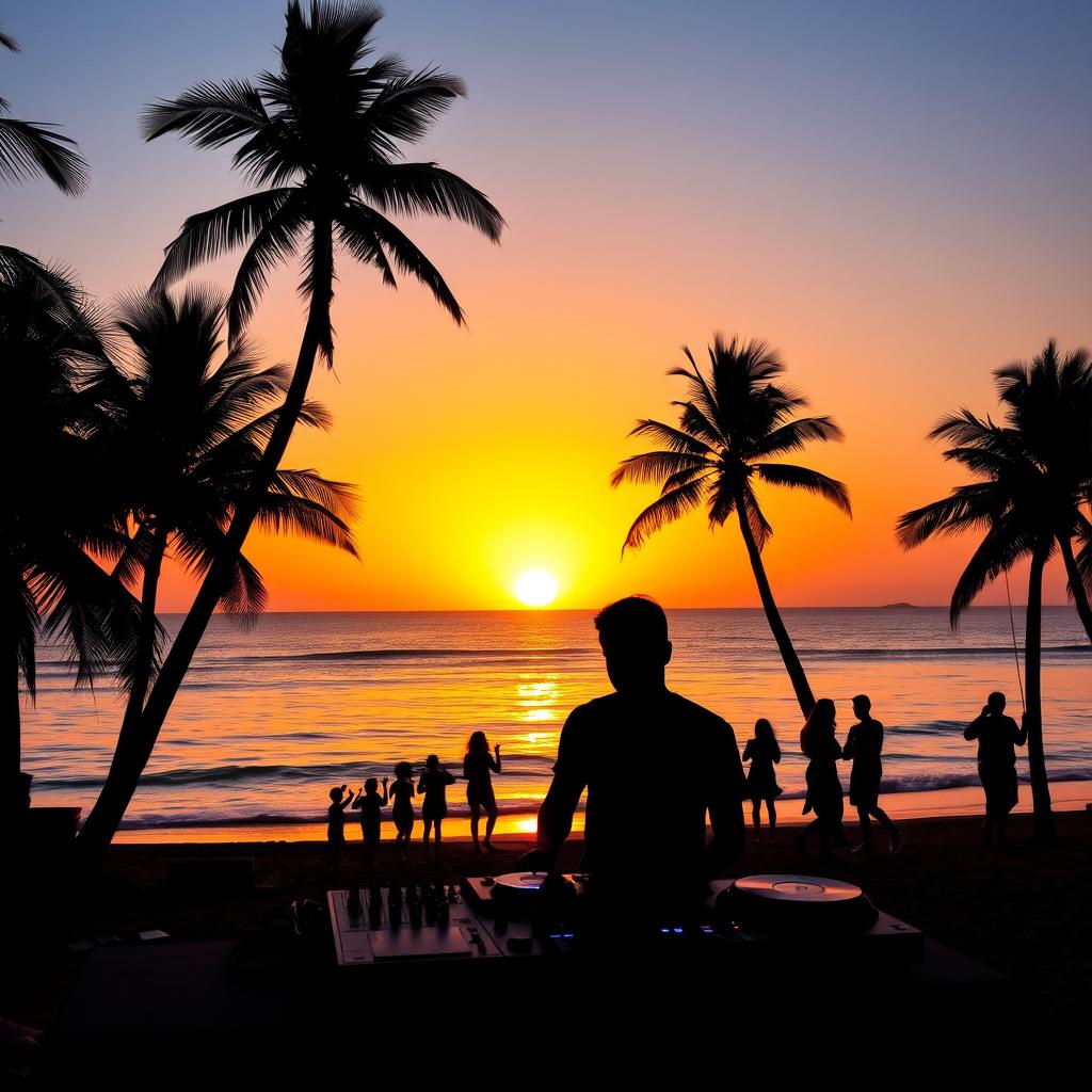 A vibrant beach scene at sunset featuring a DJ playing music with a silhouette effect