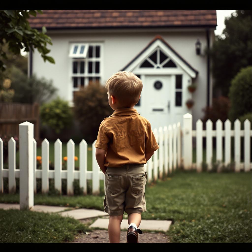A poignant scene depicting an English child in the 1960s being led away from their home