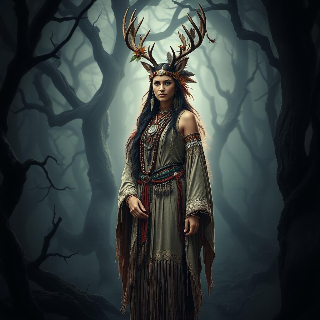 A striking image of a Native American deer woman, embodying the balance of nature and the spirit world
