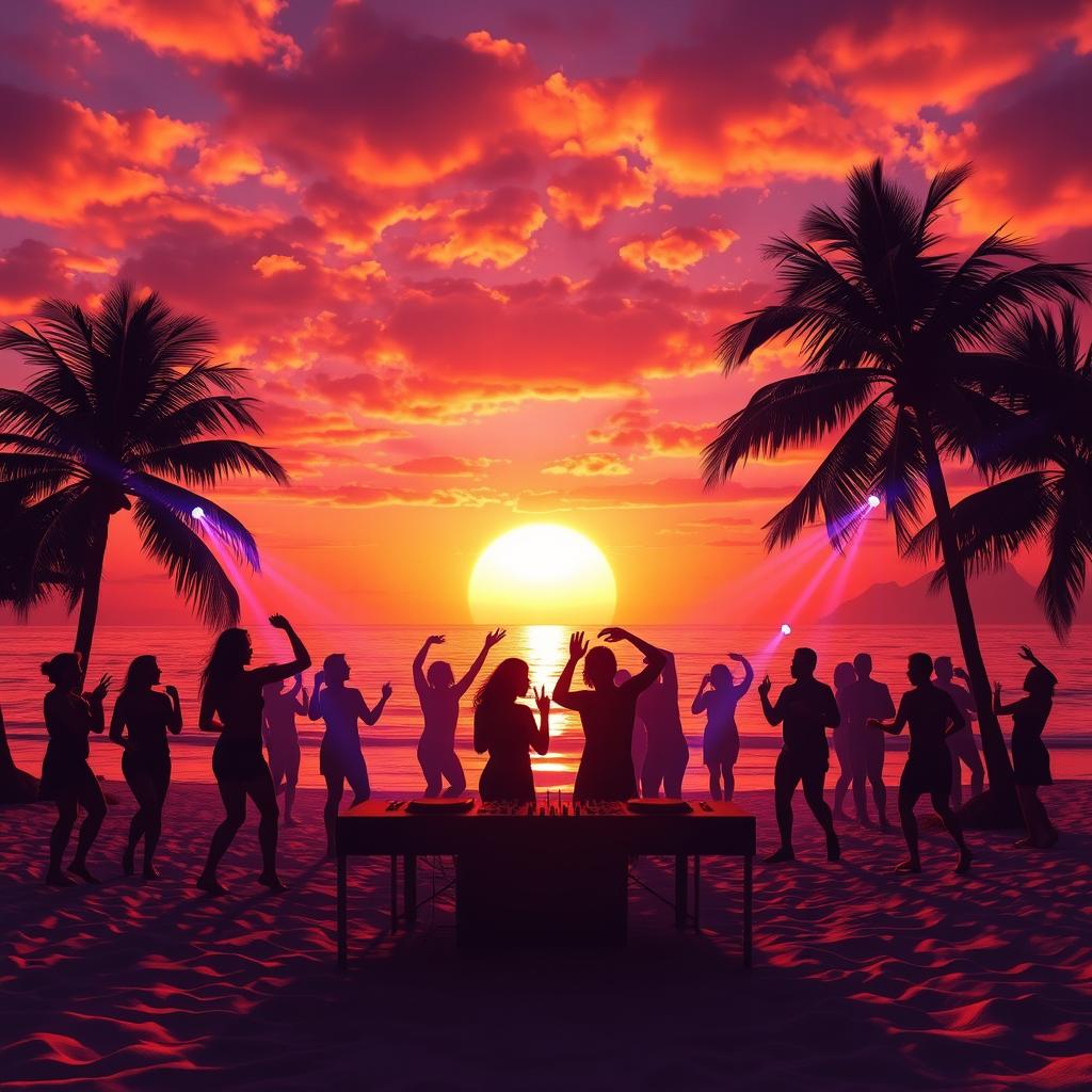 A vibrant scene depicting a DJ setup on a beautiful beach at sunset