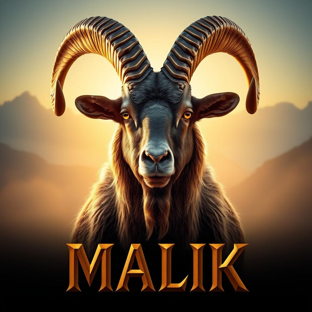 A majestic Markhor goat with large, intricate spiral horns and golden metallic highlights, showcasing hyper-detailed fur