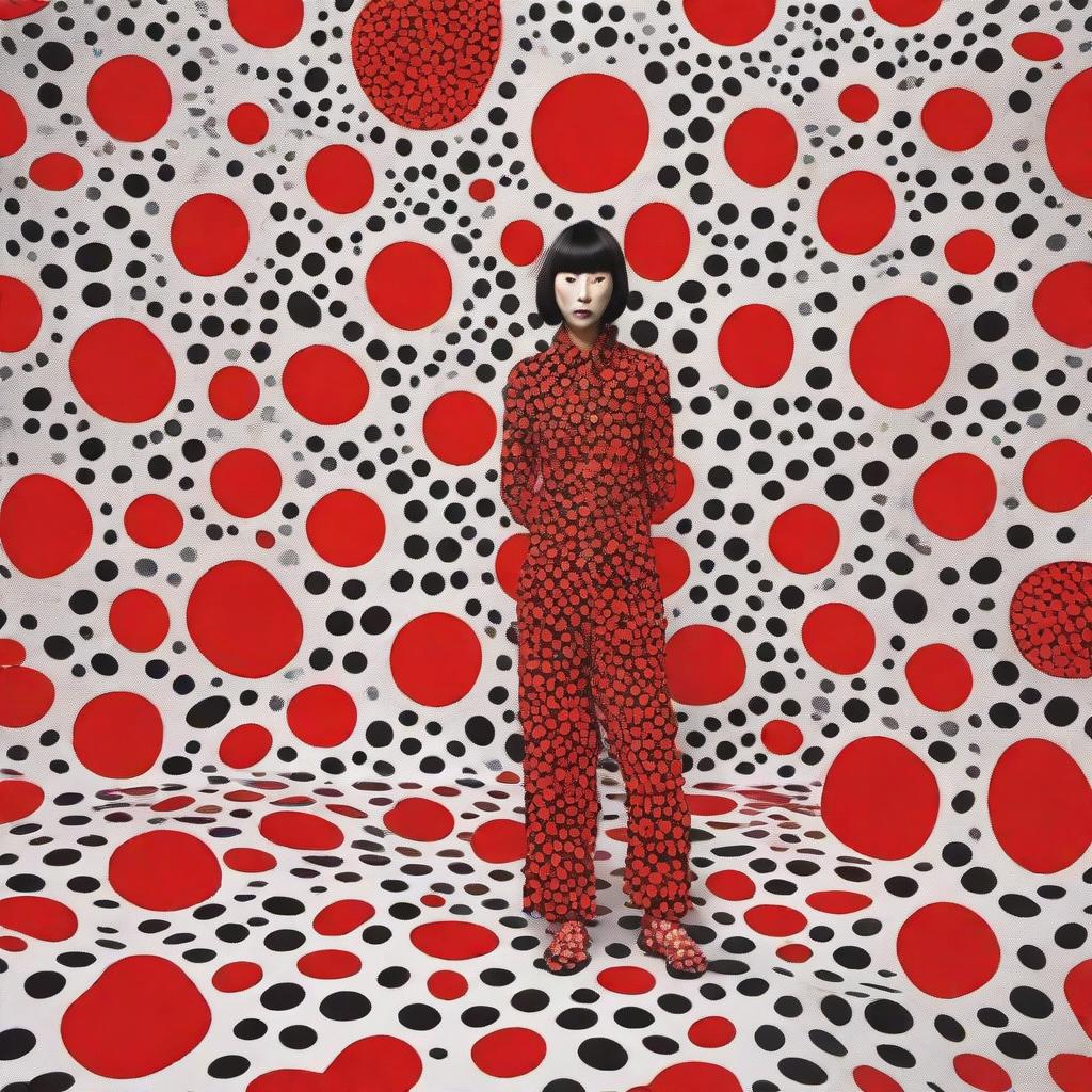 Design a mesmerizing advertisement for a Yayoi Kusama Print Collection, exhibiting exclusive prints inspired by Gallery Wall exhibitions. The campaign should burst with the dynamic vigor and novel viewpoint of Kusama's art.