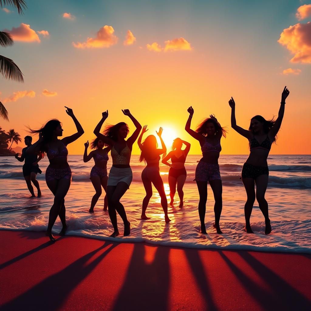 A vibrant beach scene at sunset featuring silhouettes of dancers enjoying a lively disco party