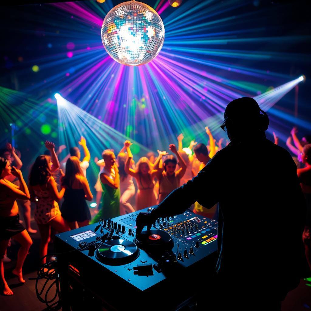 A dynamic and vibrant disco party scene featuring a DJ silhouette energetically mixing tracks behind a turntable