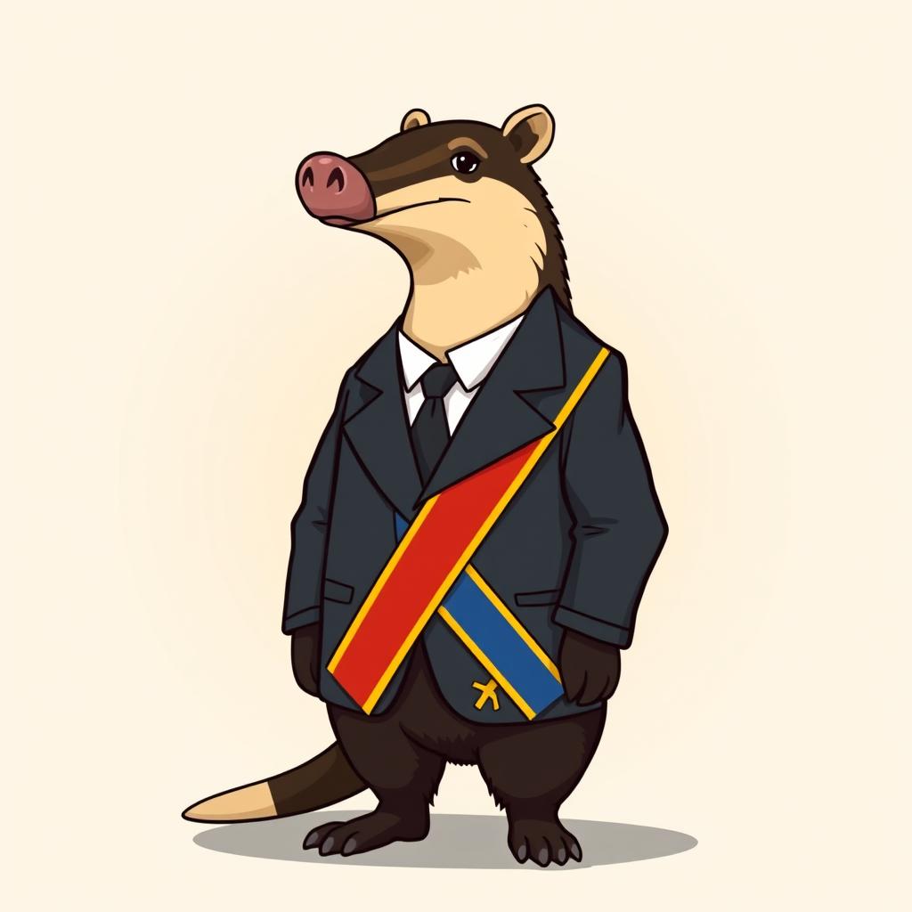 A stylized illustration of a tamandua (anteater) dressed in a formal suit jacket and wearing a presidential sash