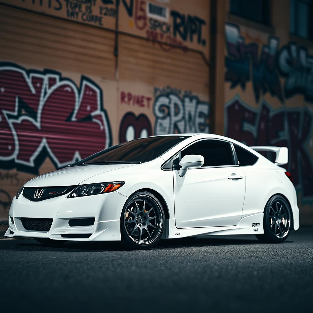 A sleek white Honda Civic coupe customized with RPF1 wheels, featuring an aggressive stance and lowered suspension, showcasing a glossy paint finish