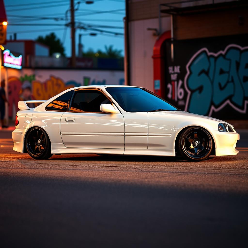 A customized white 1999 Honda Civic coupe featuring sleek lines and an aggressive stance