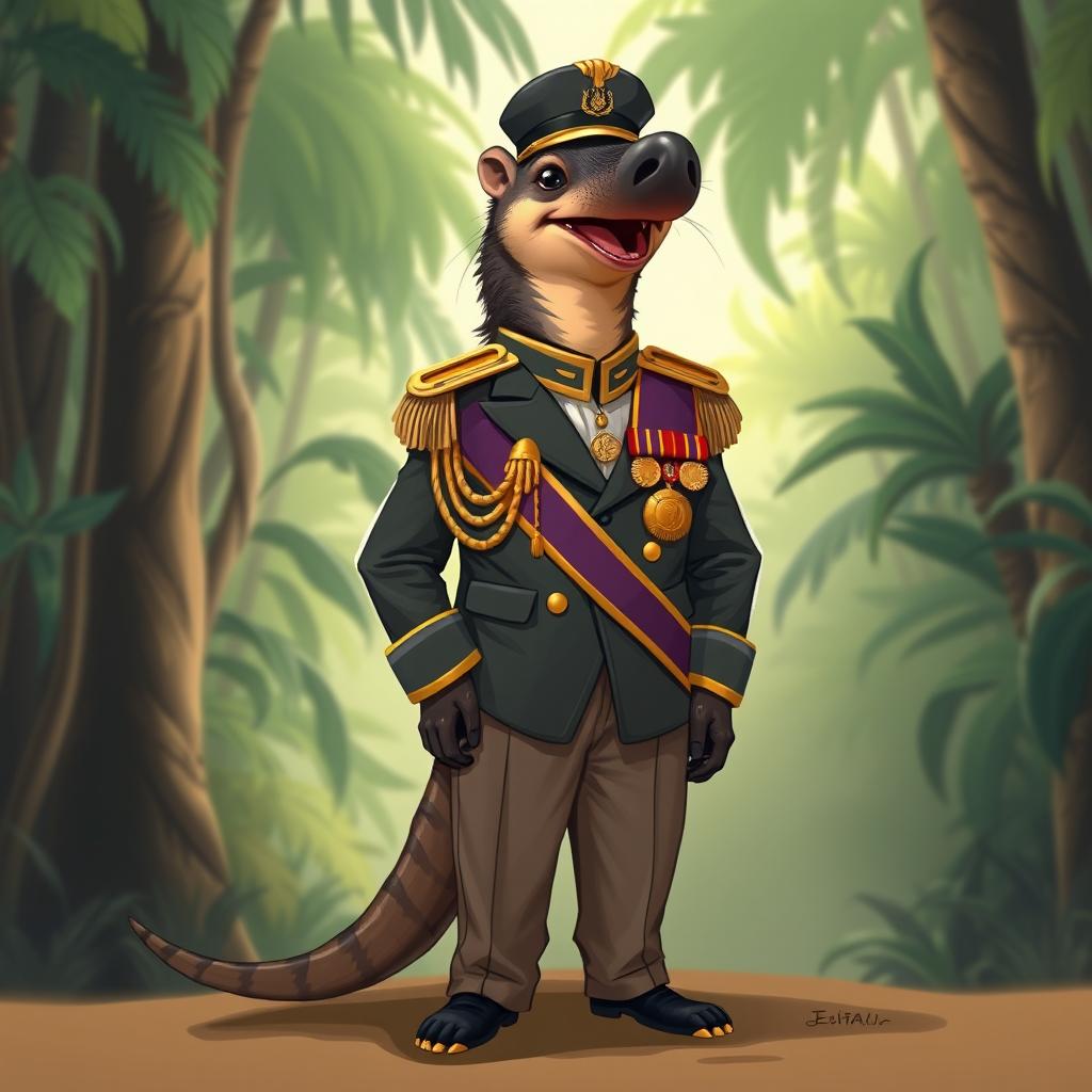 A lively and whimsical illustration of a tamandua (anteater) dressed in a detailed military captain's uniform, complete with gold epaulettes, a tailored jacket, and sharp trousers