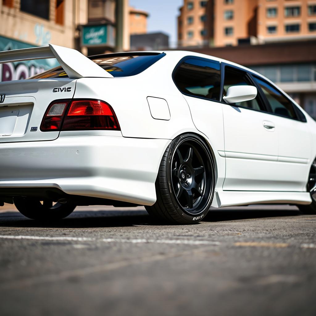 A custom white 1999 Honda Civic showcasing its sleek lines and sporty design, featuring striking black RPF1 wheels that enhance its aggressive stance