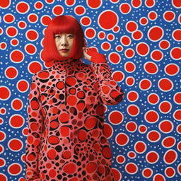 Design a mesmerizing advertisement for a Yayoi Kusama Print Collection, exhibiting exclusive prints inspired by Gallery Wall exhibitions. The campaign should burst with the dynamic vigor and novel viewpoint of Kusama's art.