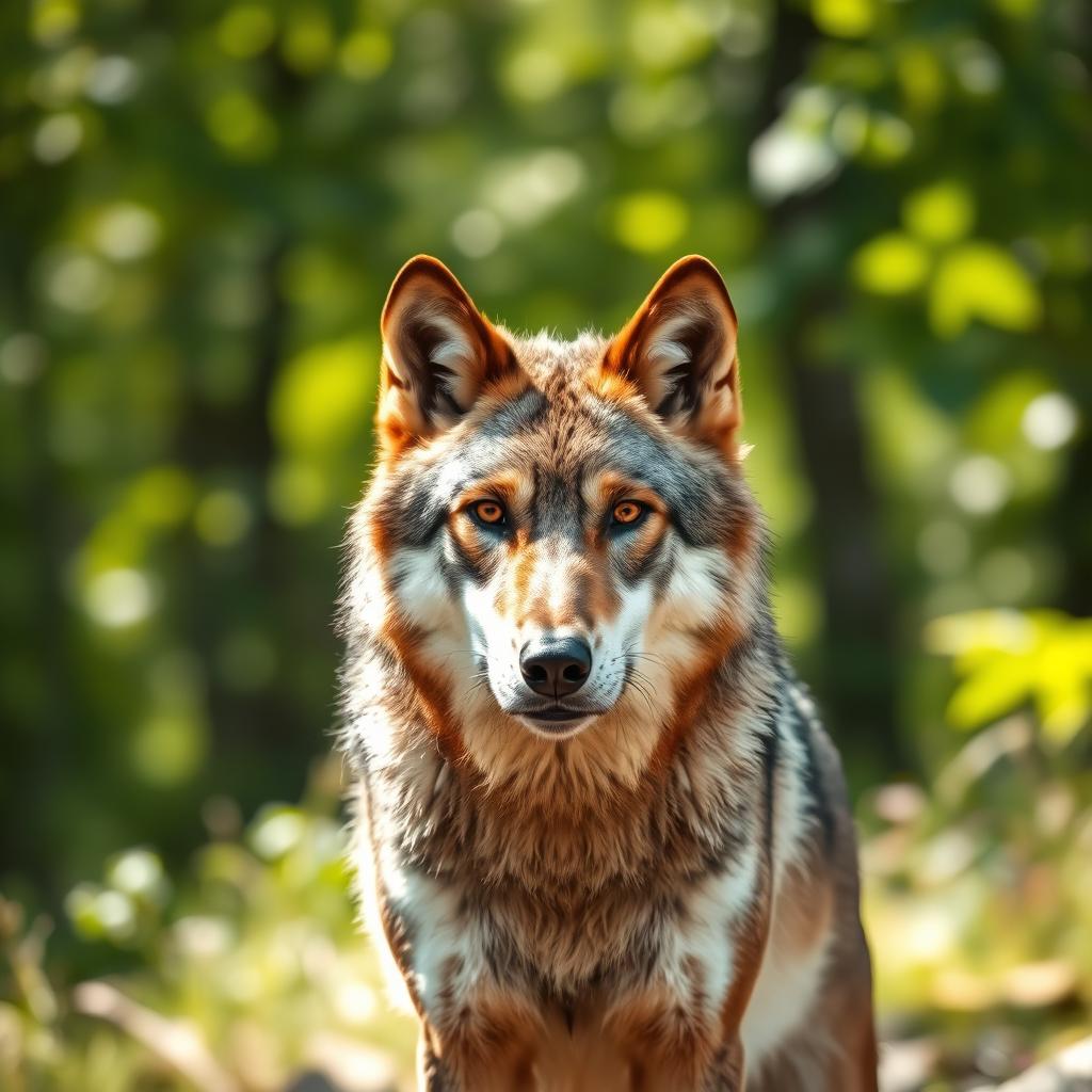 A stunningly detailed raw photograph of a majestic wolf captured in its natural habitat, standing proudly with its fur glistening in the sunlight, showcasing its piercing eyes and powerful build