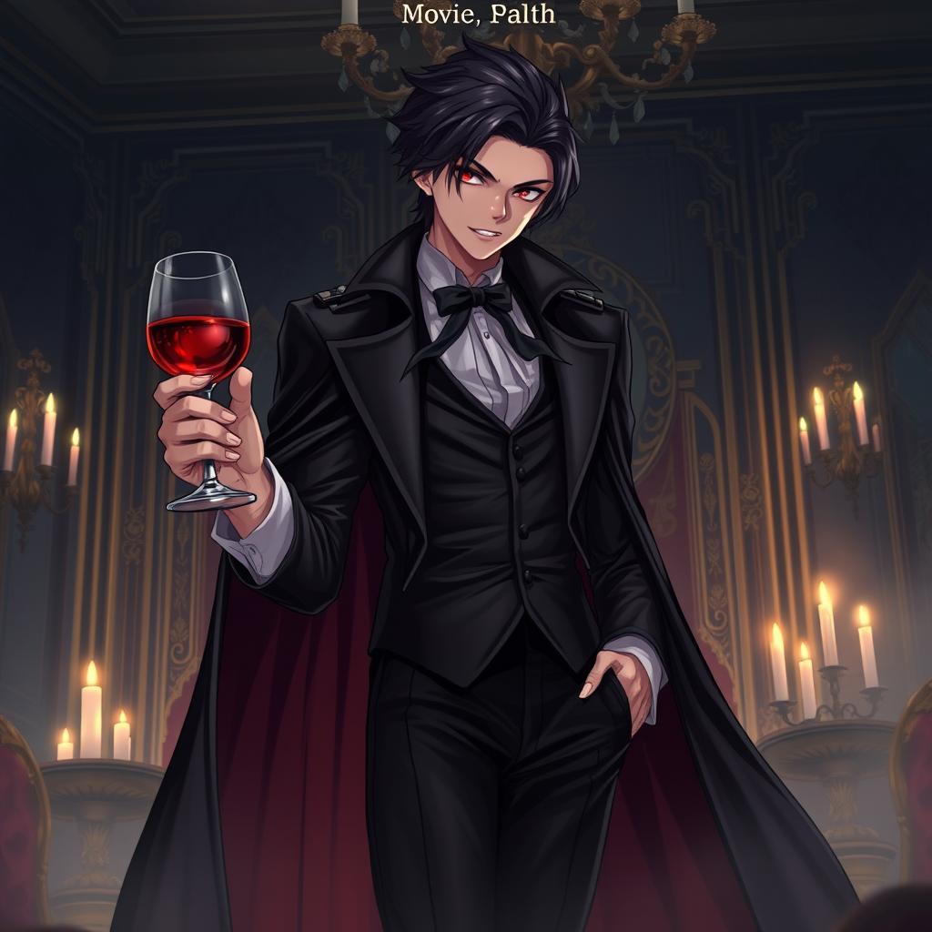 Anime-style vampire man elegantly holding a wine glass, dressed in a Victorian-era outfit with a long, flowing cape, sharp fangs visible, dark, stylish hair, and intense red eyes