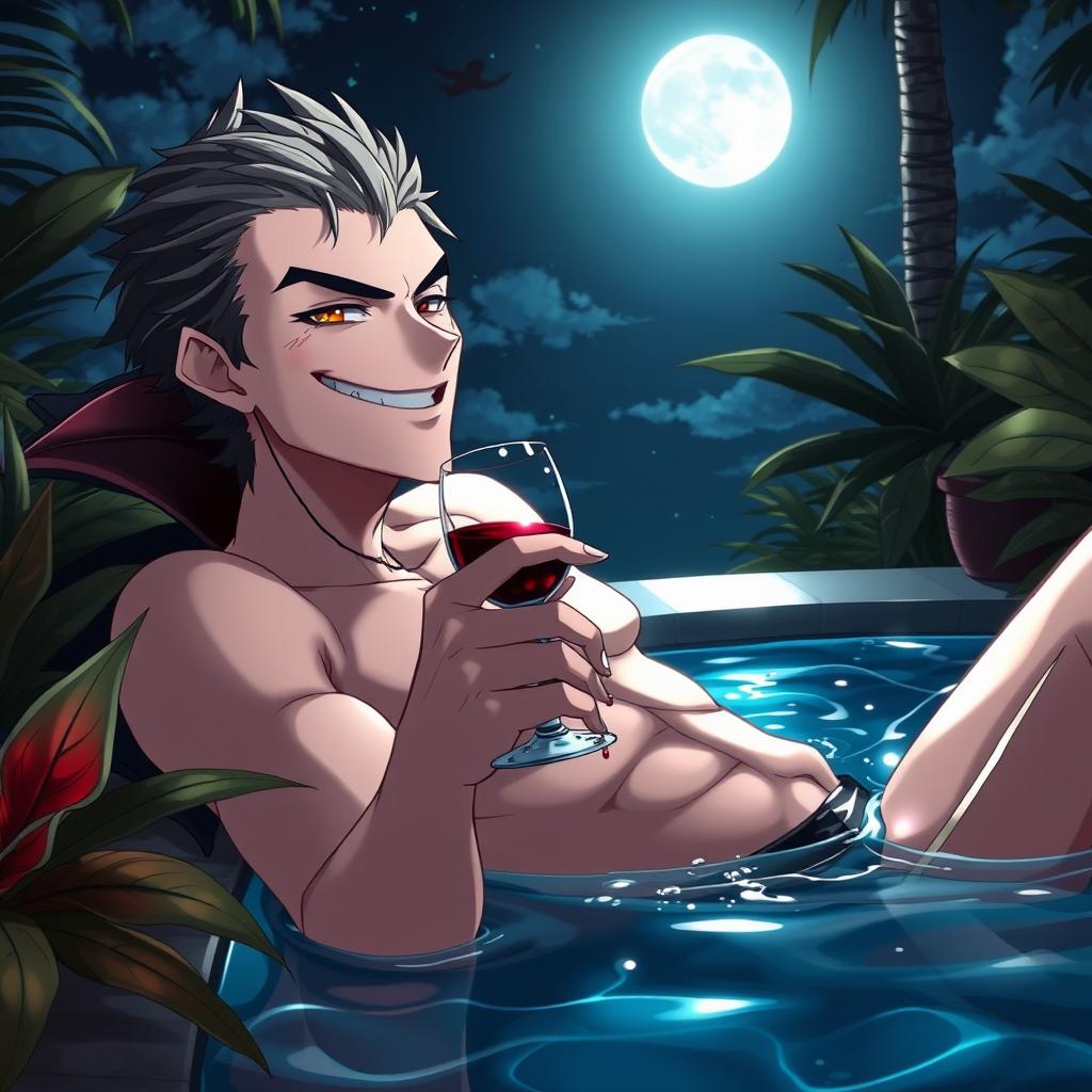 An anime-style male vampire lounging in a luxurious swimming pool