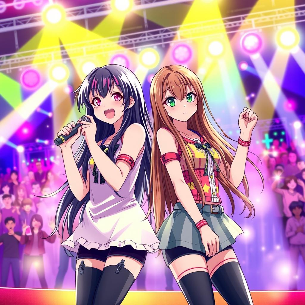 Anime style book cover featuring a teenage girl with long black hair and pink tips, singing joyfully on stage beside another teenage girl with long brown hair and mesmerizing green eyes
