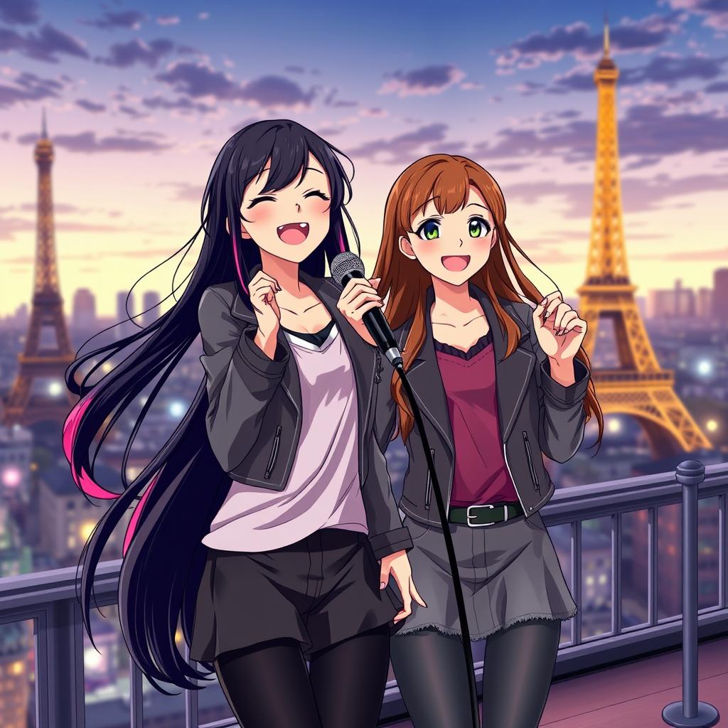 Anime style book cover featuring a teenage girl with long black hair and pink tips, joyfully singing on a stage in Paris alongside another teenage girl with long brown hair and vibrant green eyes