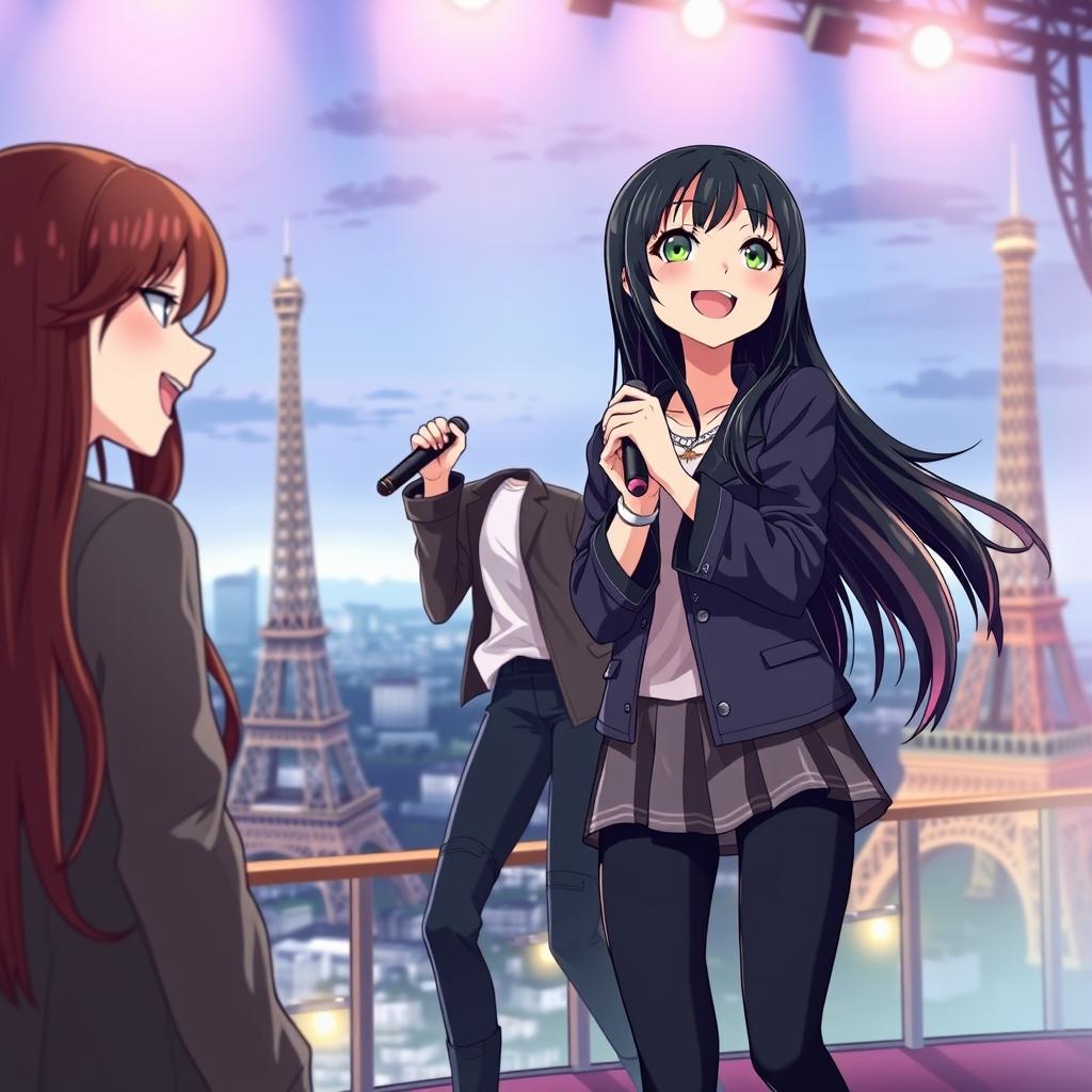 Anime style book cover featuring a cheerful teenage girl with long black hair and pink tips, singing on a stage in Paris next to another teenage girl with long brown hair and captivating green eyes