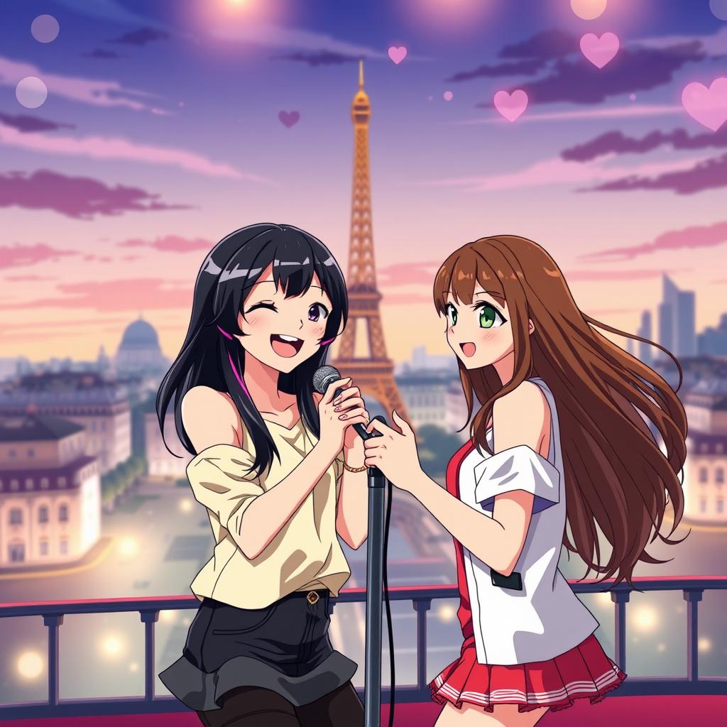 Anime style book cover featuring a cheerful teenage girl with long black hair and pink tips, singing on a stage in Paris alongside another teenage girl with long brown hair and sparkling green eyes