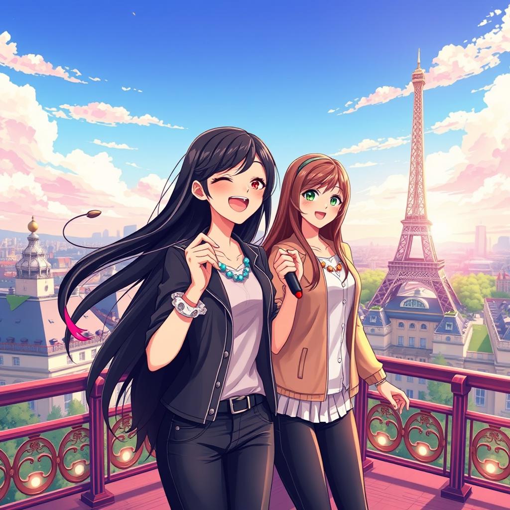 Anime style book cover depicting a vibrant scene where a teenage girl with long black hair and pink tips is singing joyfully on a stage in Paris