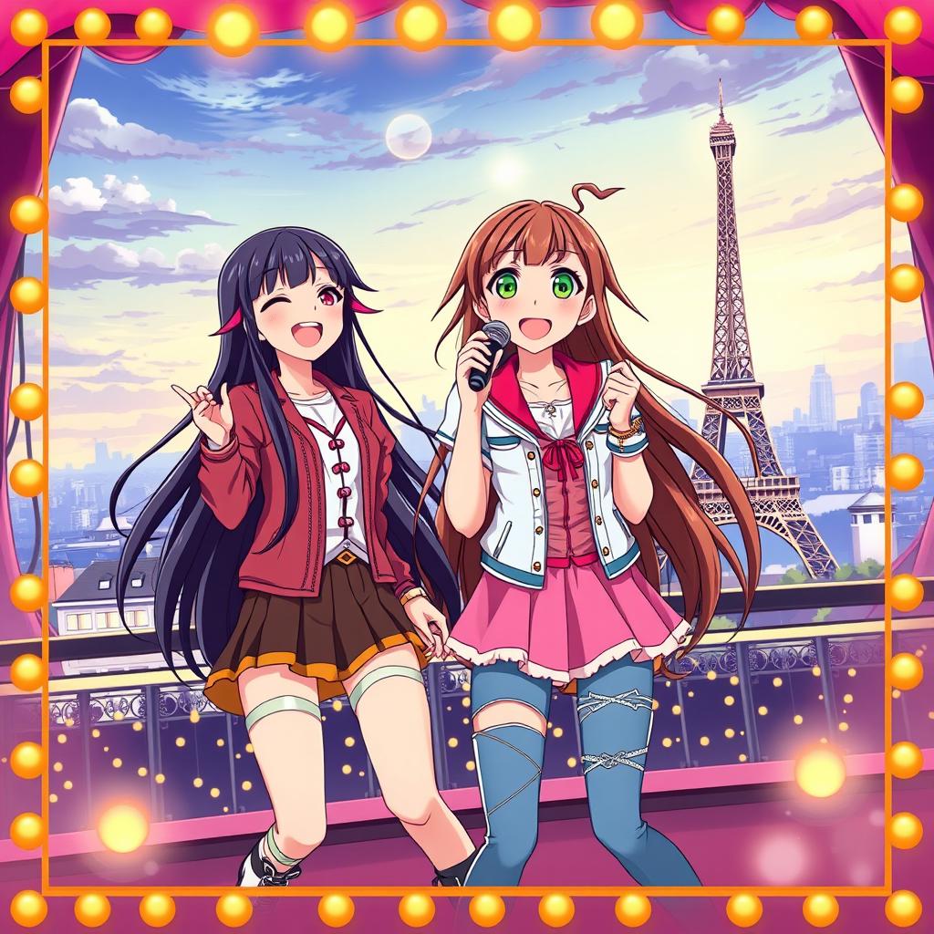Anime style book cover featuring a joyful teenage girl with long black hair and pink tips, singing enthusiastically on a stage set in Paris