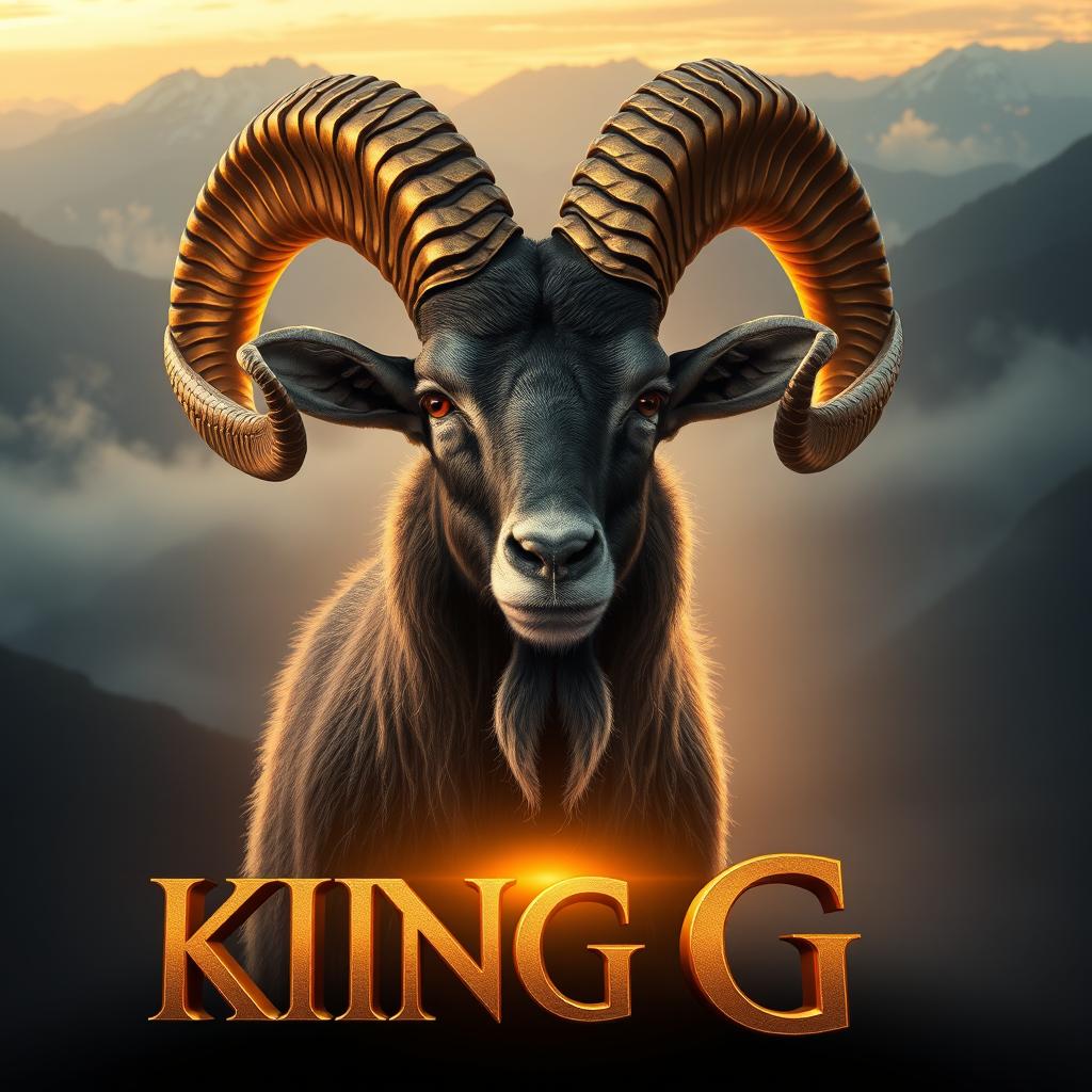 A majestic Markhor goat with large, intricate spiral horns, adorned with golden metallic highlights and hyper-detailed fur, is facing forward with a powerful gaze