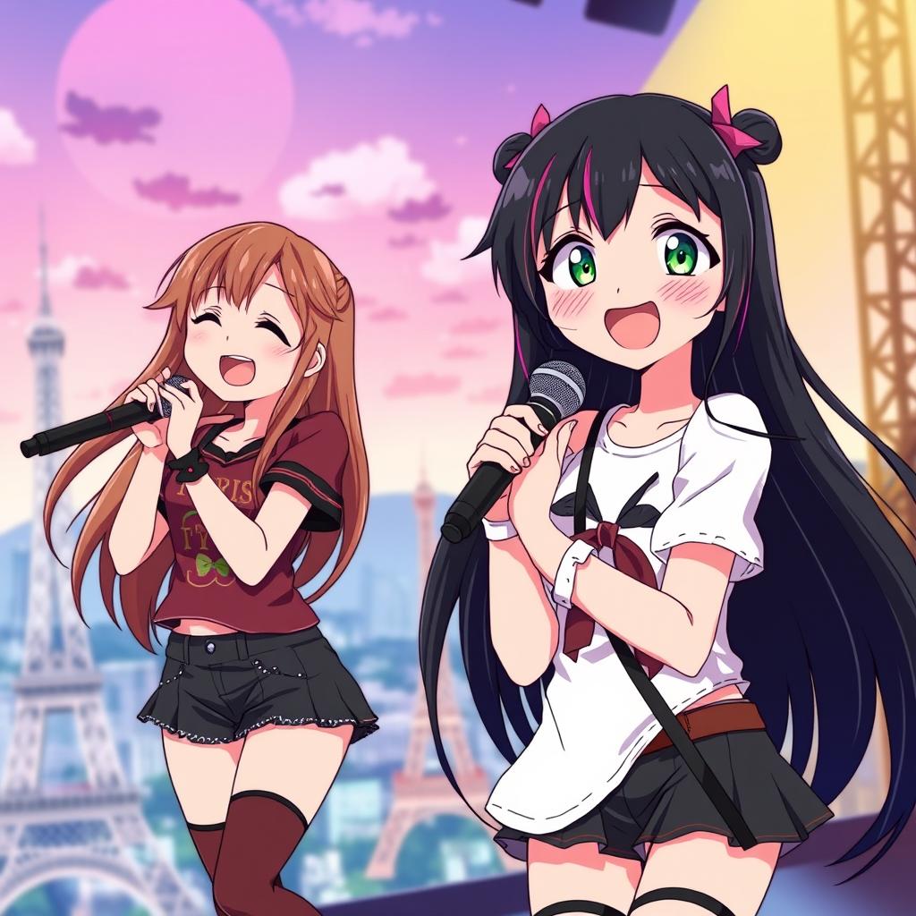 Anime style image of a joyful teenage girl with long black hair and pink highlights, singing on a stage in Paris