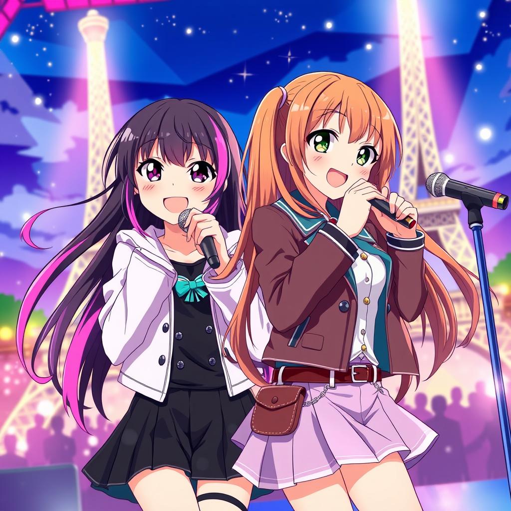 Anime style image featuring a cheerful teenage girl with long black hair and pink tips, singing on a vibrant stage set in Paris