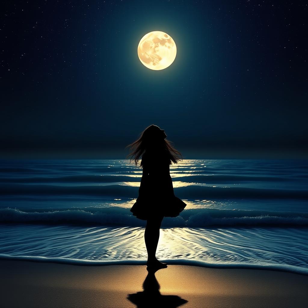 A serene silhouette of a girl standing on a beach, gazing up at the starry night sky and a glowing full moon