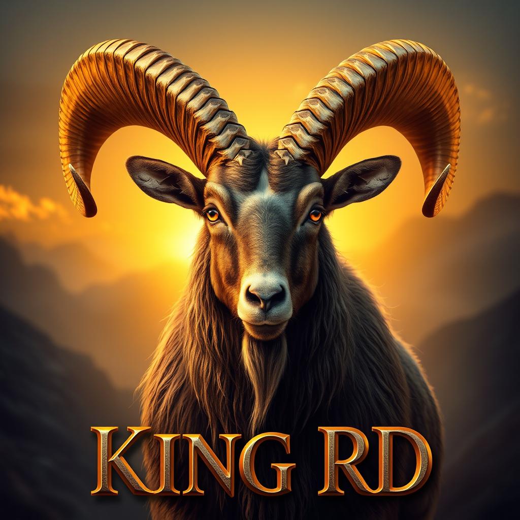 A majestic Markhor goat with large, intricate spiral horns, showcasing stunning golden metallic highlights and hyper-detailed fur