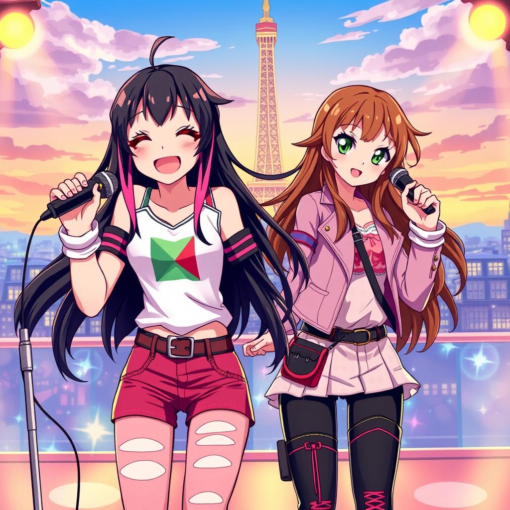 Anime style image showcasing a cheerful teenage girl with long black hair and pink tips, passionately singing on a vibrant stage in Paris