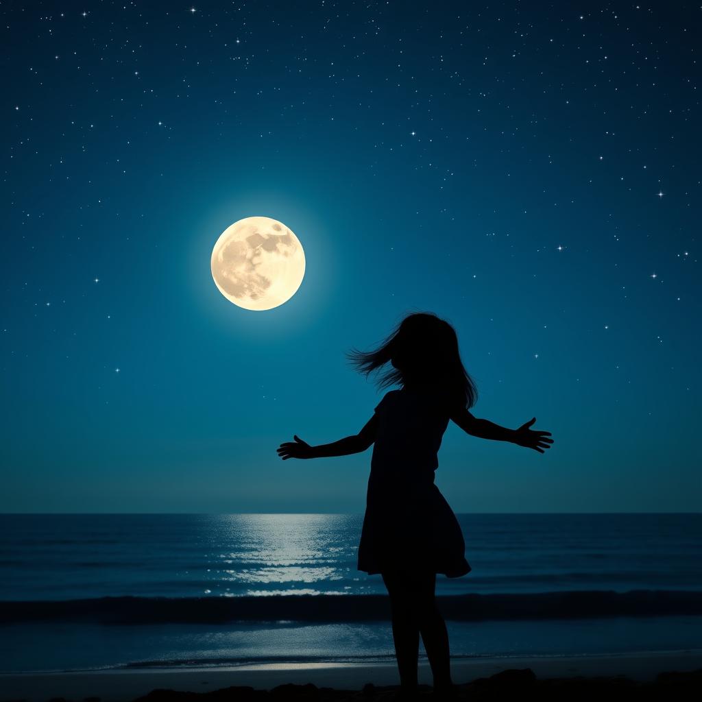 A silhouette of a girl standing on a beach at night, gazing up at the stars and a bright full moon