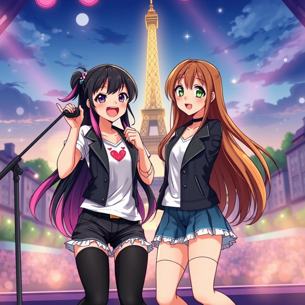 Anime style image depicting a cheerful teenage girl with long black hair and pink highlights, passionately singing on a vibrant stage in Paris