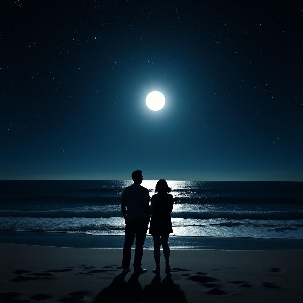 A serene beach scene featuring silhouettes of people gazing up at a starry sky and a bright, full moon