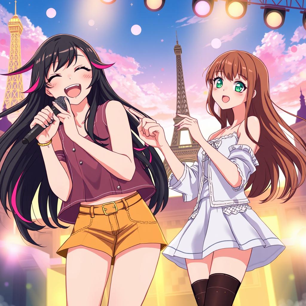 Anime style illustration featuring a joyful teenage girl with long black hair and pink highlights, singing energetically on a stage in Paris