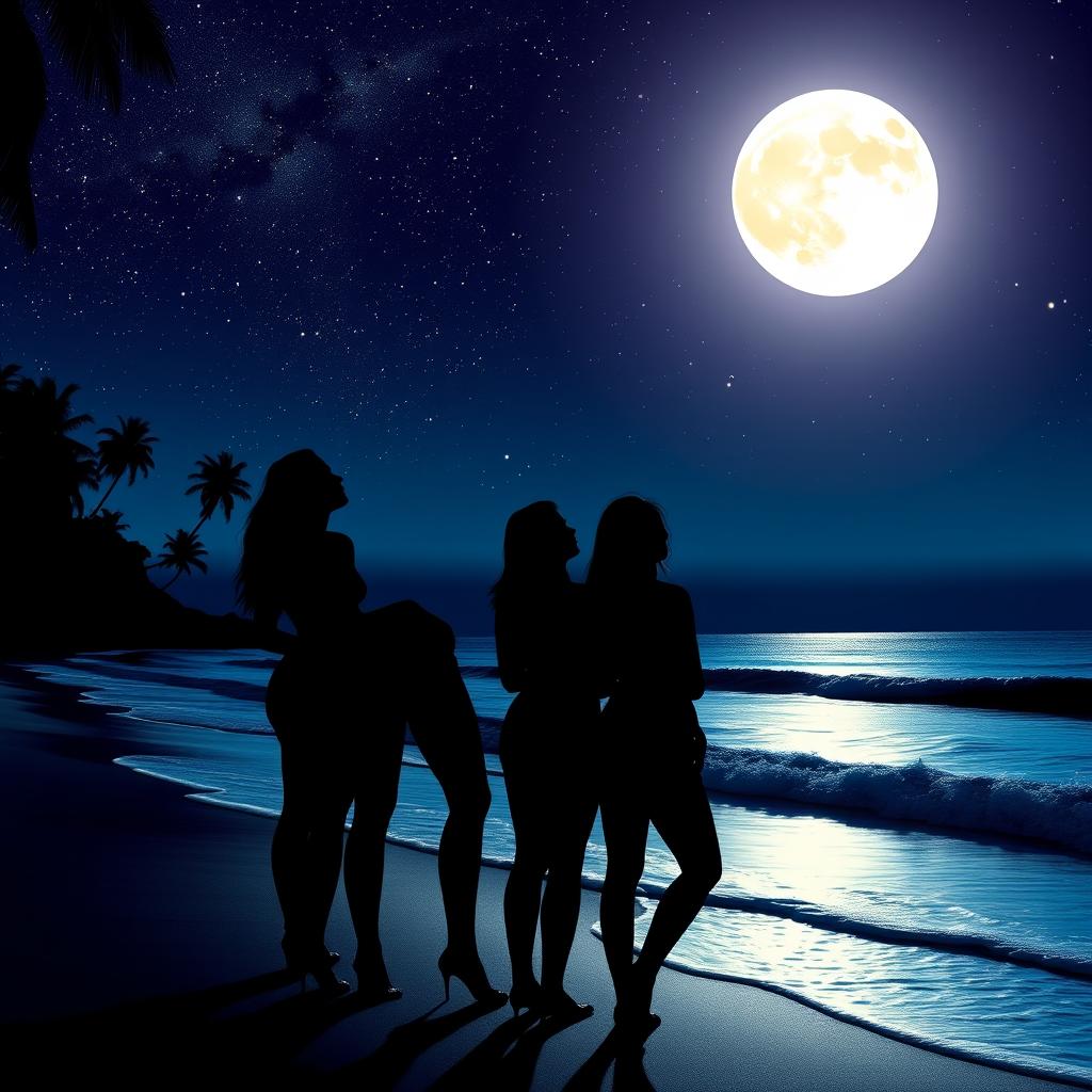 A stunning silhouette of beautiful women looking at the stars and moon on a serene beach
