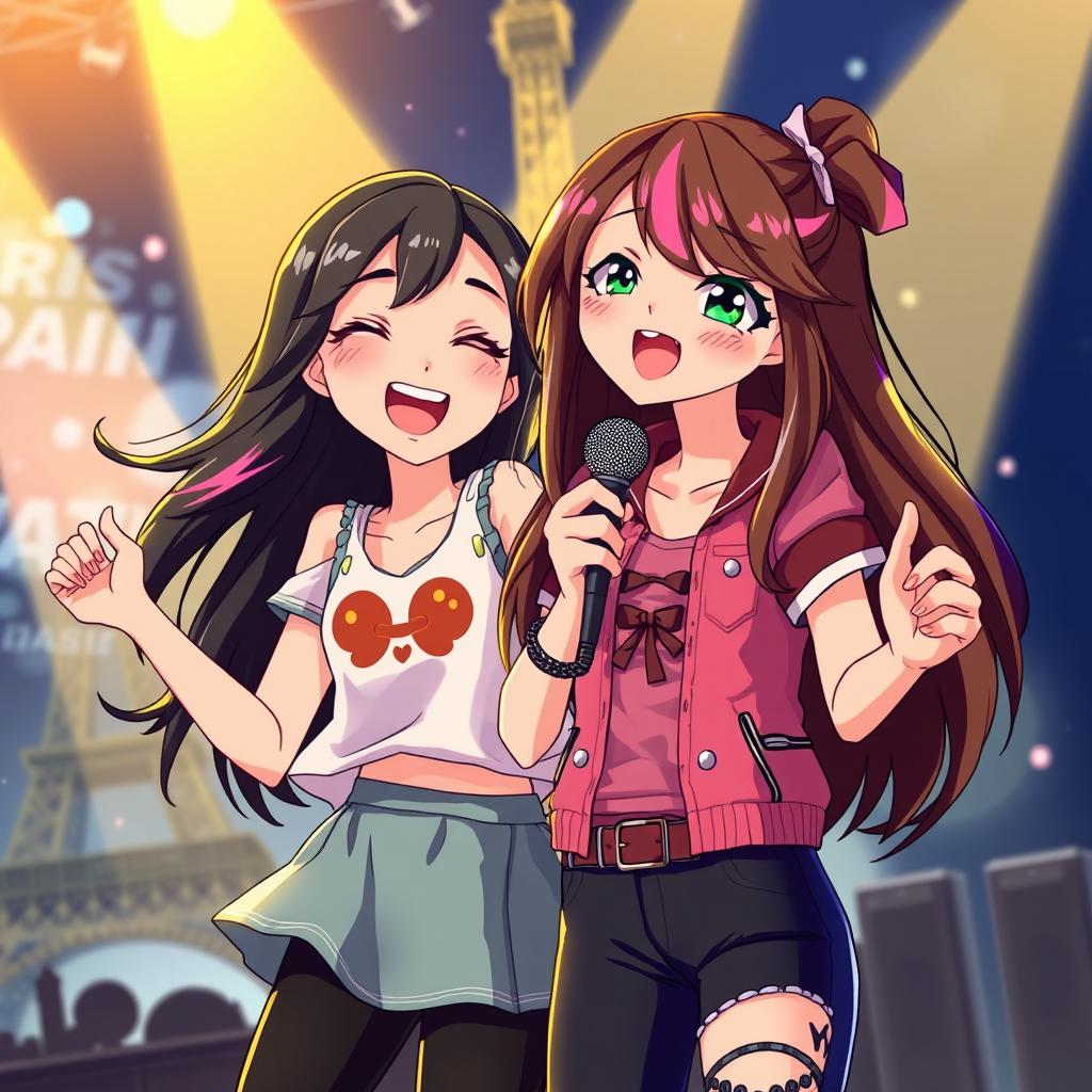 Anime style illustration of a lively teenage girl with long black hair adorned with pink highlights, singing happily on a stage set in Paris