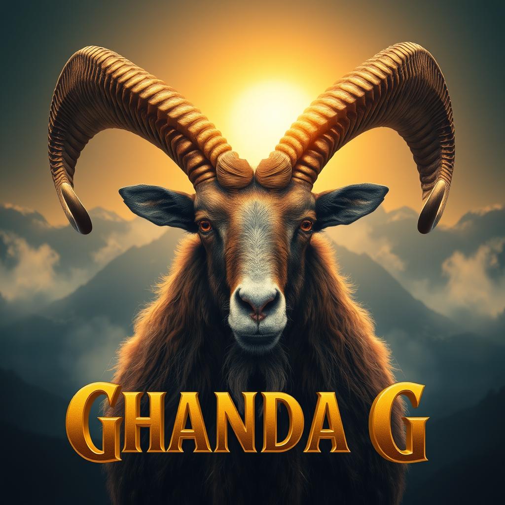 A majestic Markhor goat with large, intricate spiral horns adorned with golden metallic highlights, showcasing hyper-detailed fur