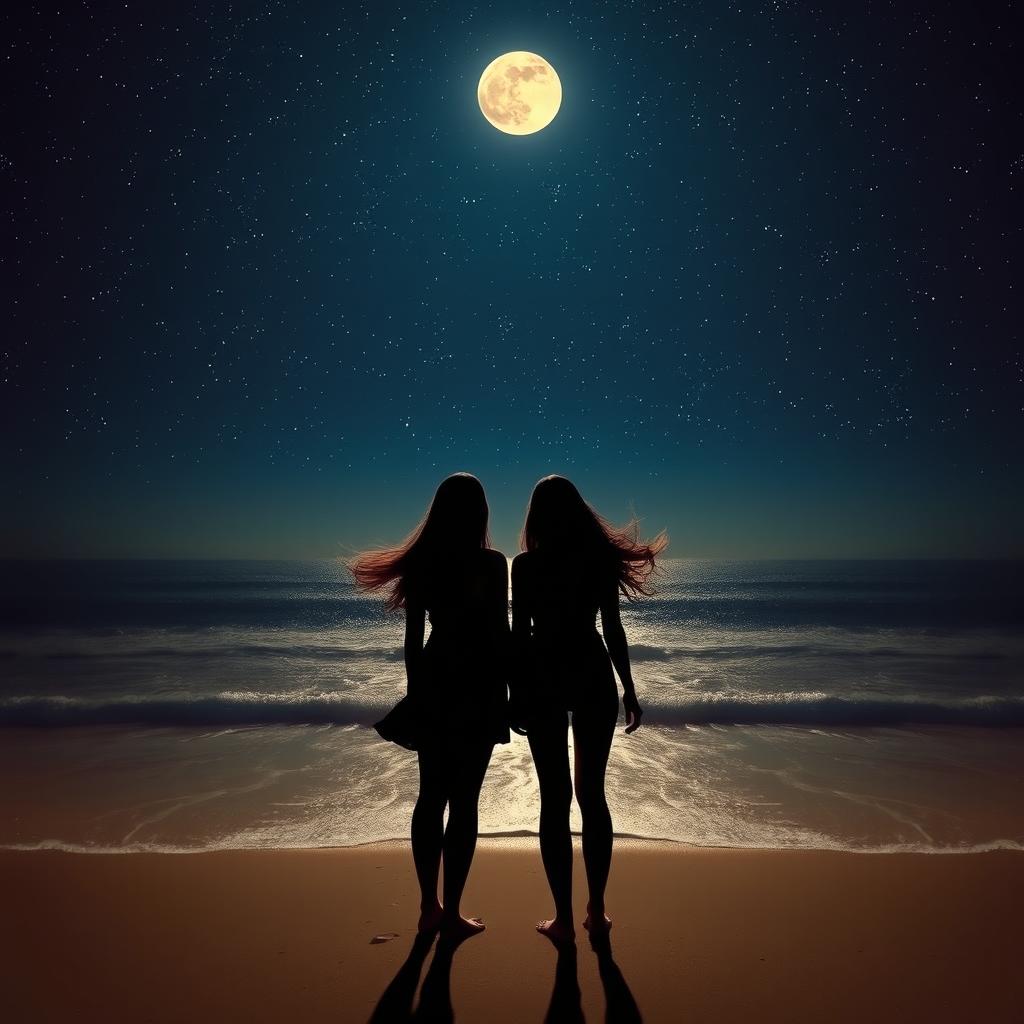 Silhouette of beautiful women gazing up at the stars and the moon on a serene beach