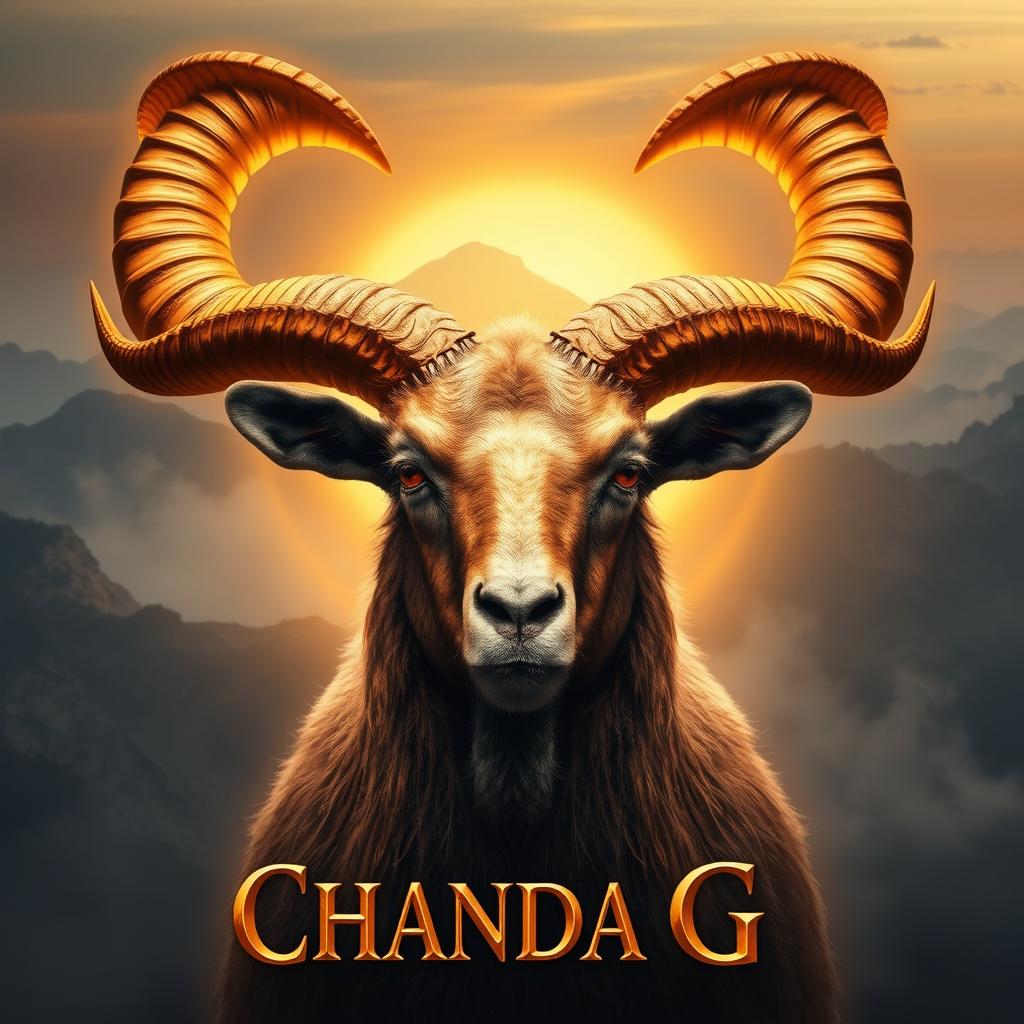 A majestic Markhor goat with large, intricate spiral horns, featuring golden metallic highlights and hyper-detailed fur