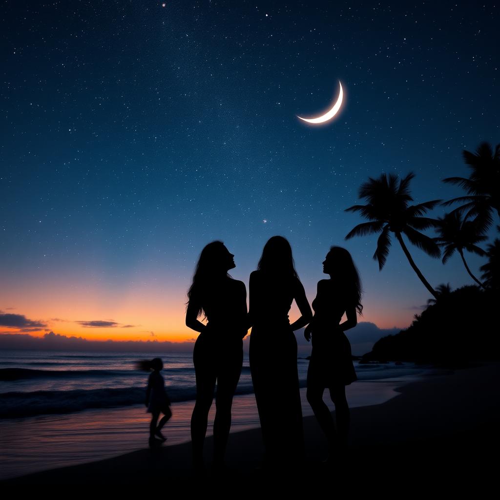 A stunning silhouette of beautiful women gazing up at the stars and the moon on a serene beach