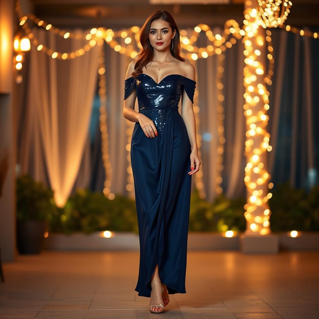 A stunning 25-year-old woman in an elegant night dress that glimmers with sequins, perfectly tailored to accentuate her figure