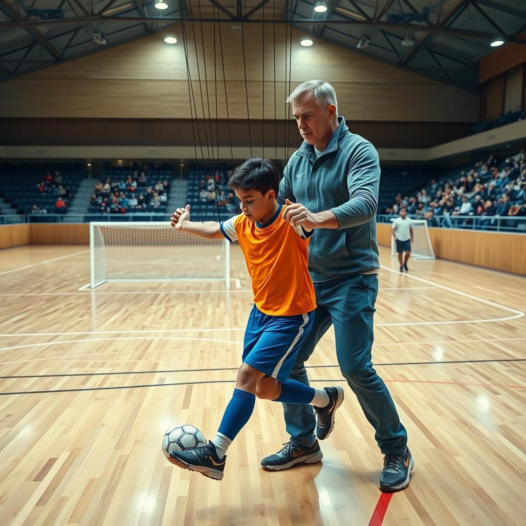 A realistic photo of a futsal player being manipulated like a puppet by an adult in a sports hall