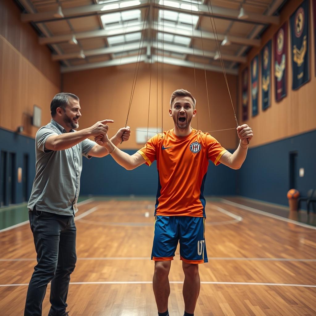 A realistic photo of a futsal player being playfully manipulated like a puppet by an adult in a sports hall