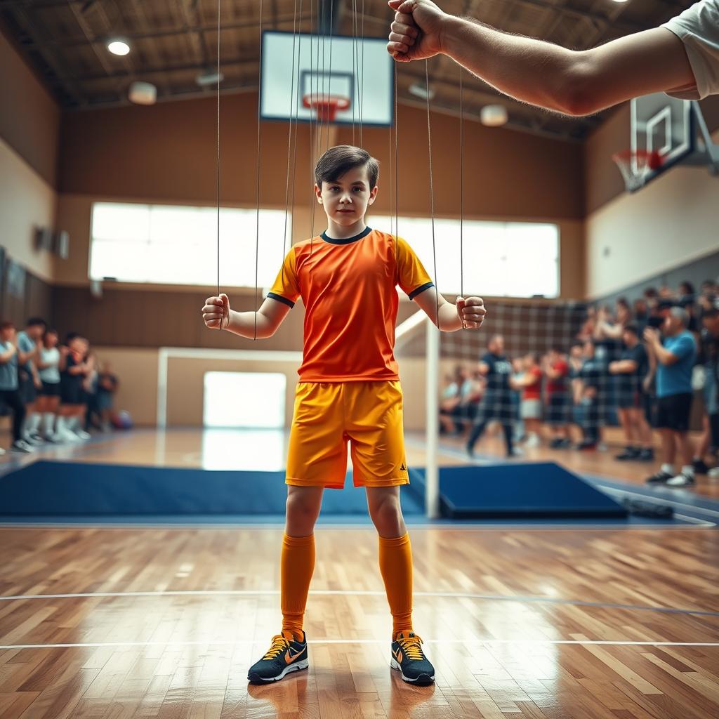 A realistic photo of a futsal player, dressed in a bright, sporty uniform, being manipulated like a marionette by an adult