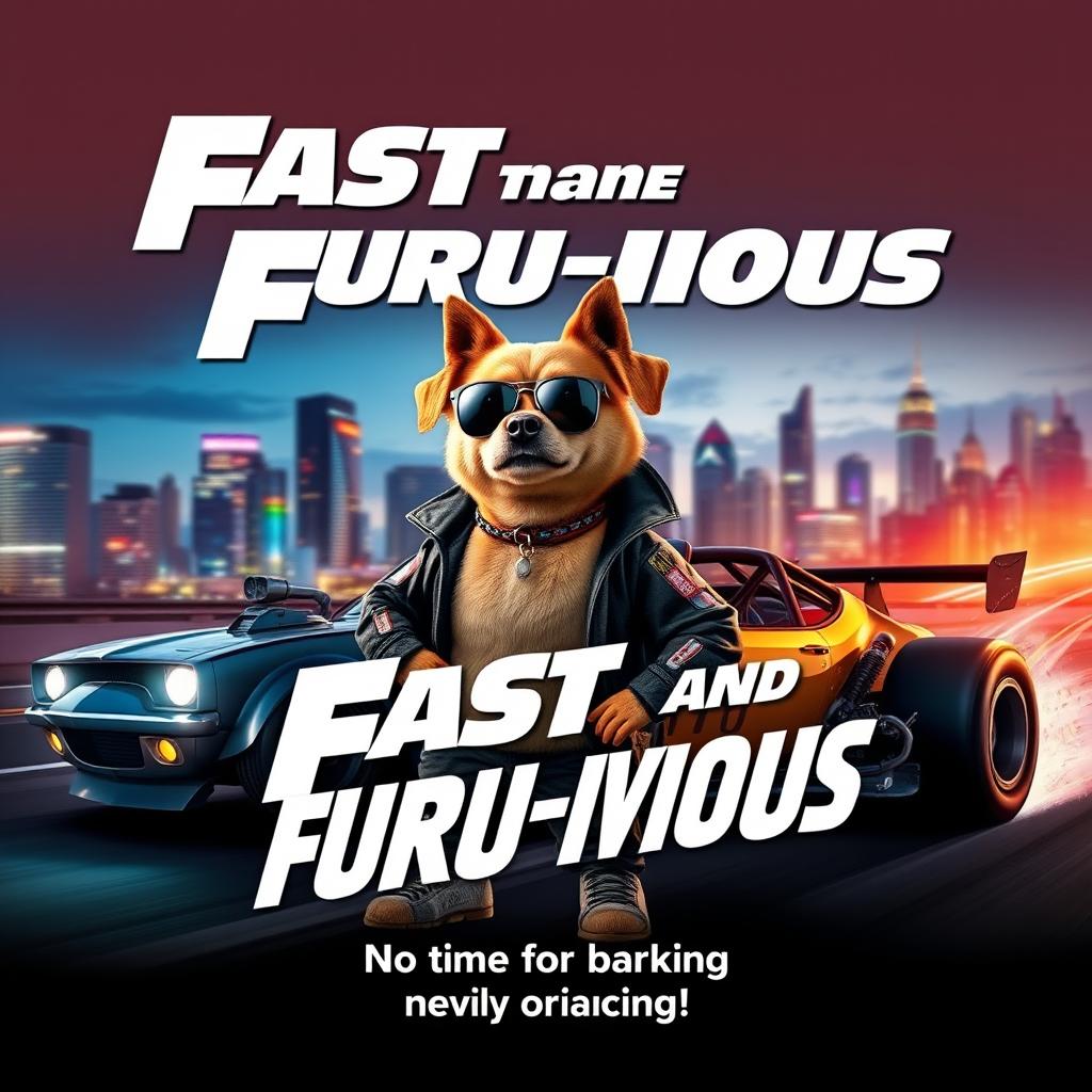 A dynamic and action-packed movie poster for an imagined film titled "Fast and Furu-ious" featuring an anthropomorphic dog dressed like a street racer