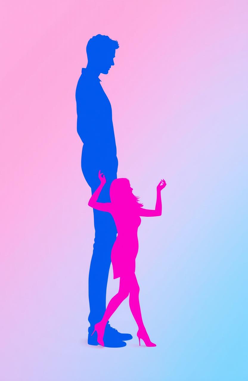 A striking artistic representation featuring a blue silhouette of a tall male figure standing confidently, alongside a pink silhouette of a shorter female figure who appears playful and energetic