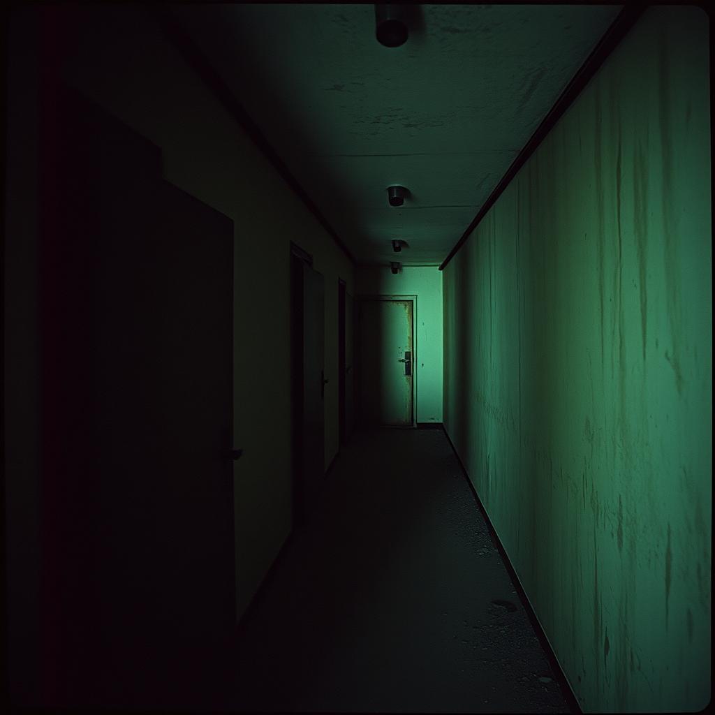A dark, eerie corridor of an abandoned Soviet bunker, featuring rusty doors that add to the atmosphere of decay and neglect