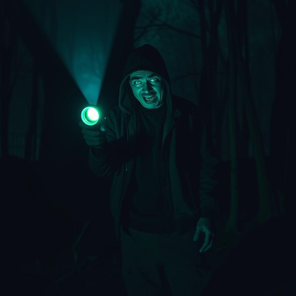 A sinister scene of a stalker in a dark environment, holding a flashlight with a green night vision effect illuminating their scared face
