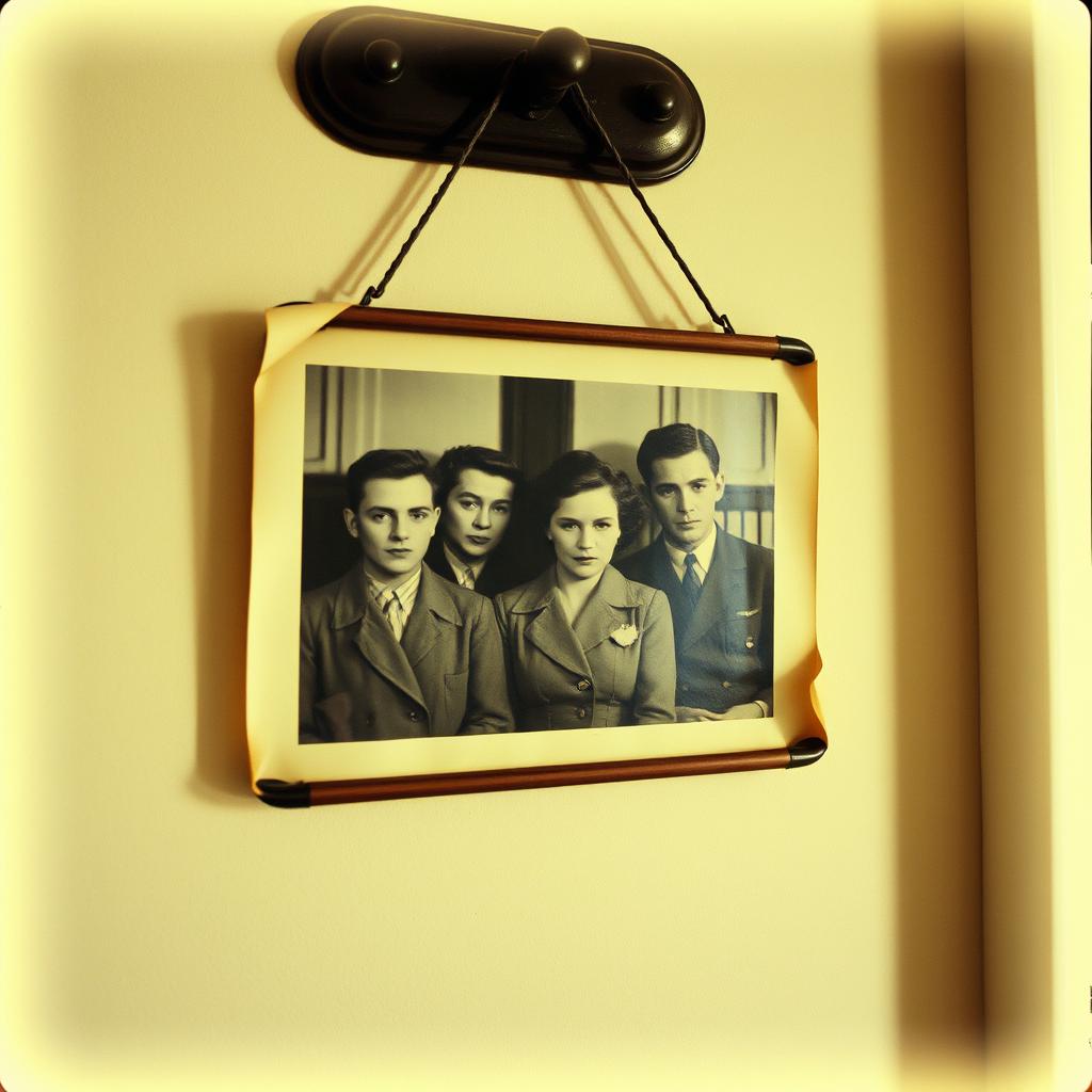 An old, vintage-style photograph hanging on a wall, capturing a 1940s theme with people in period clothing