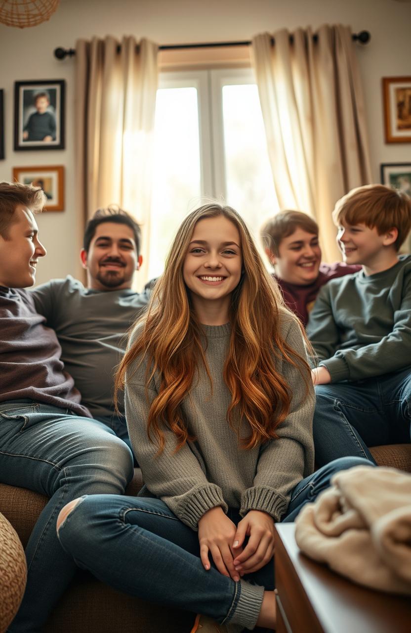A young woman with long flowing hair, sitting in a cozy living room, surrounded by two older brothers who are playfully teasing her